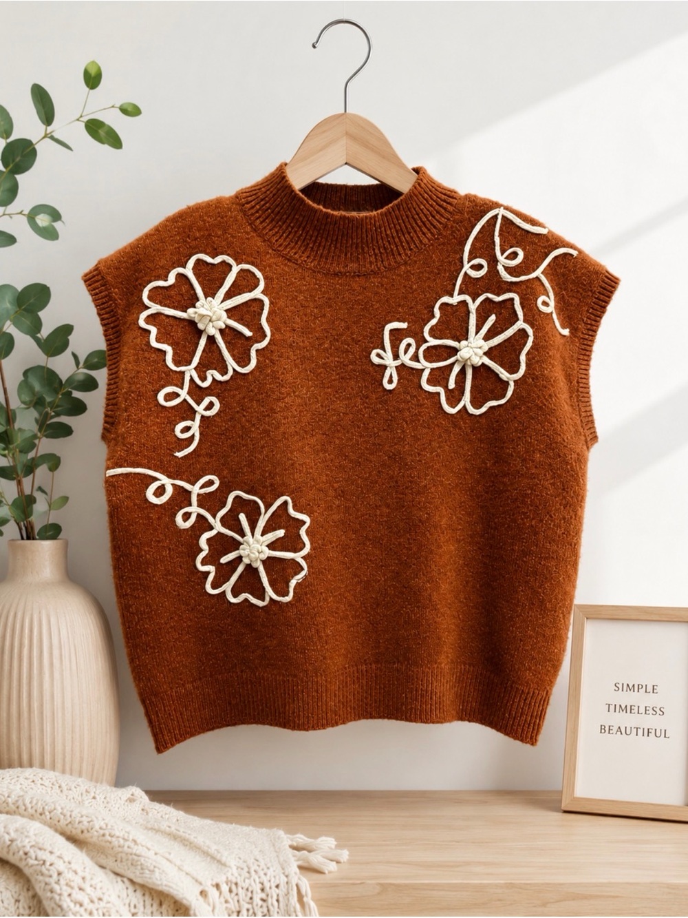 entro Rust Orange Knit Sweater Vest with White Floral Accents size s